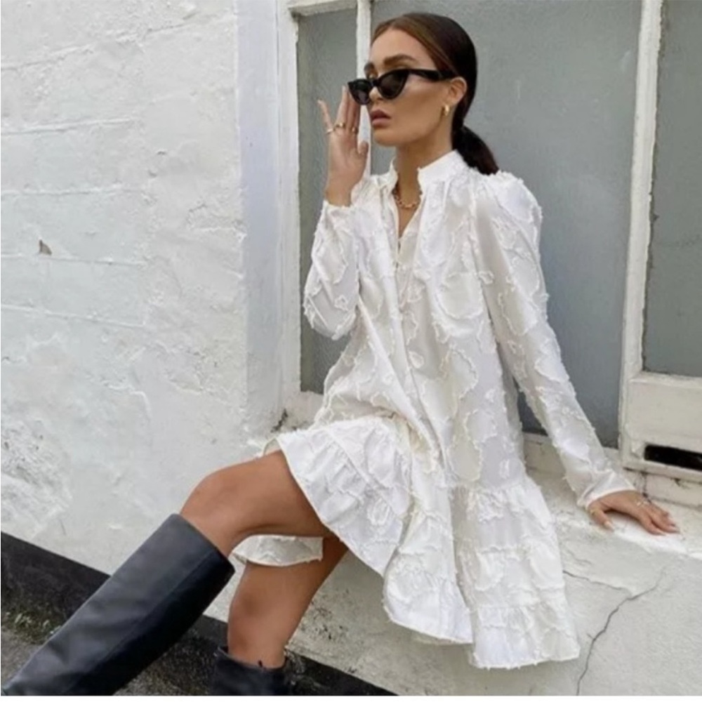 H&M Conscious collection cream jacquard weave mini dress with a tiered skirt